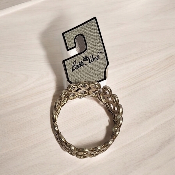 Gold Hammered Oval Stretch Bracelet Minimalist Tiffany Style Stackable Statement - Picture 11 of 16